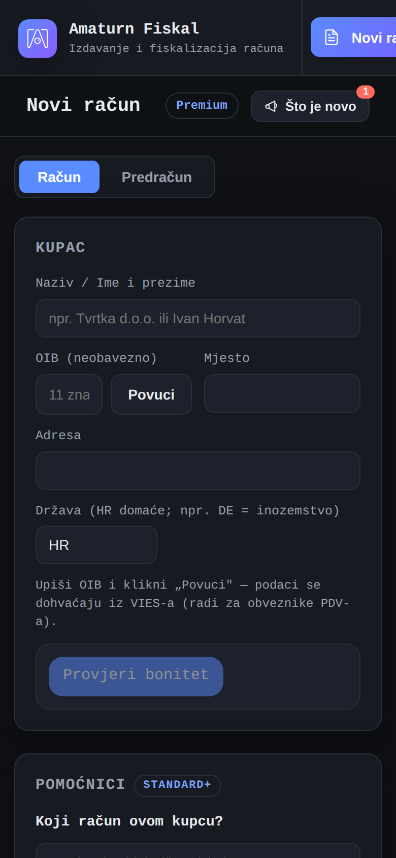 Amaturn Fiskal — sučelje aplikacije na mobitelu